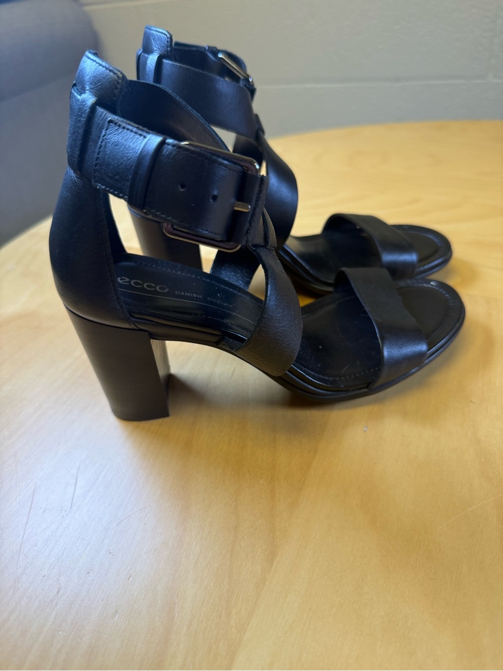 Ecco Black Leather Block Heel Sandals with Ankle Buckle